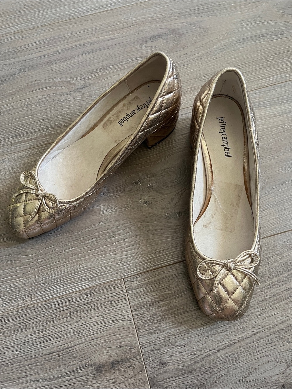 Jeffrey Campbell Metallic Gold Quilted Bow Low Heel Flats